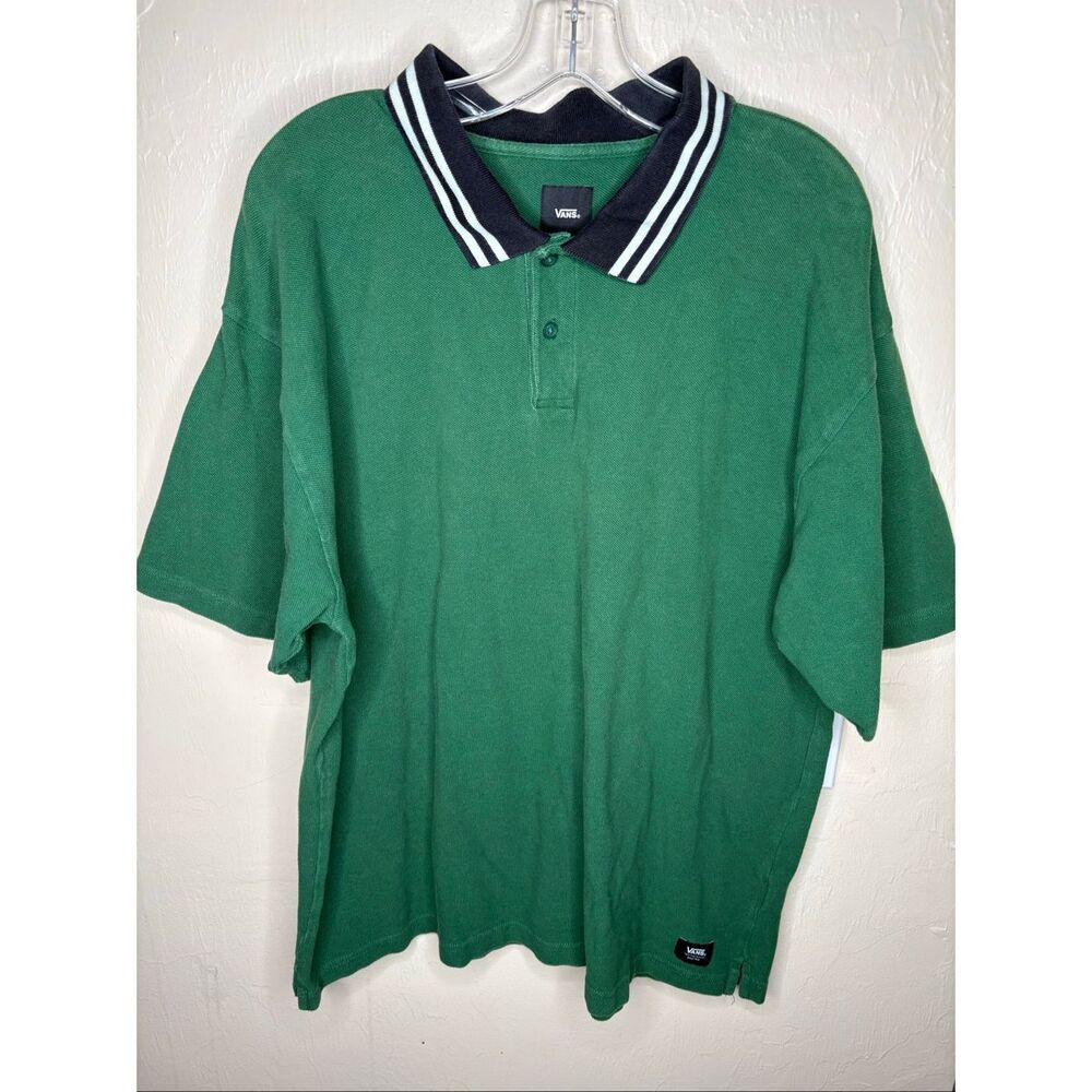 Vans Green Polo Shirt 100% Cotton Black & White Striped Collar Large-144
